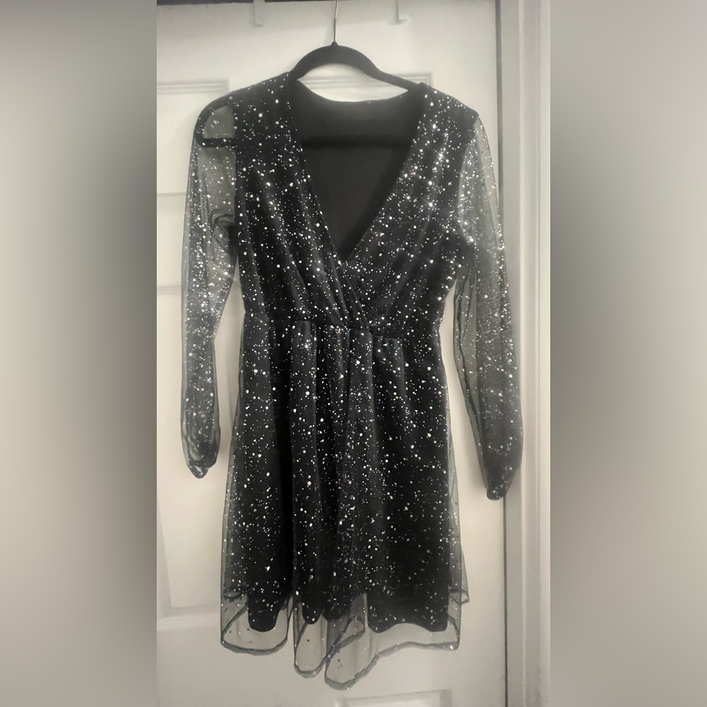 Black Sparkle Mesh Wrap-Front Dress